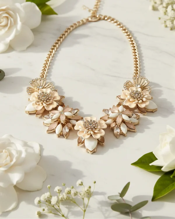 Stylish fashion flower necklaces necklace collection at Passionate Bangladesh showing different gold, silver and stoned necklaces for western and fusion outfits.
