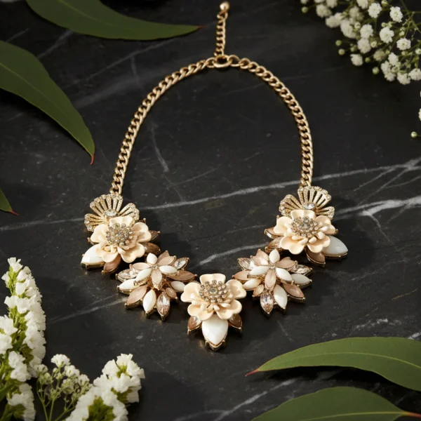 Stylish fashion flower necklaces necklace collection at Passionate Bangladesh showing different gold, silver and stoned necklaces for western and fusion outfits.