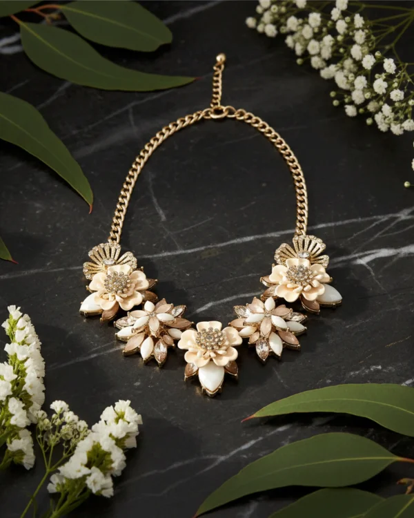 Stylish fashion flower necklaces necklace collection at Passionate Bangladesh showing different gold, silver and stoned necklaces for western and fusion outfits.