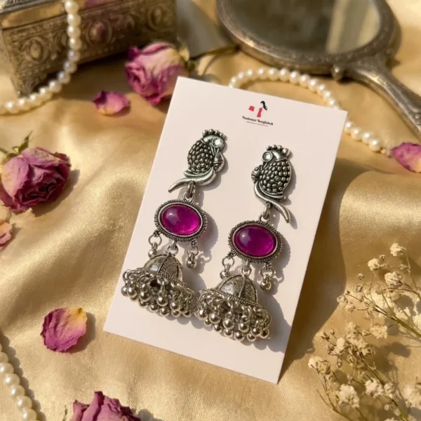 Colorful Indian jhumka earrings from Passionate Bangladesh, featuring silver-tone oxidized jhumkas with red, yellow, green and many more colors for women and girls.