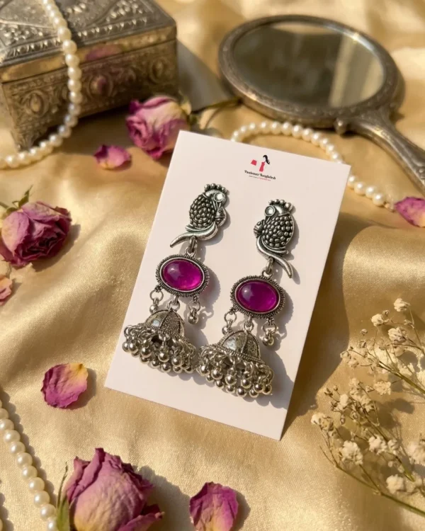 Colorful Indian jhumka earrings from Passionate Bangladesh, featuring silver-tone oxidized jhumkas with red, yellow, green and many more colors for women and girls.