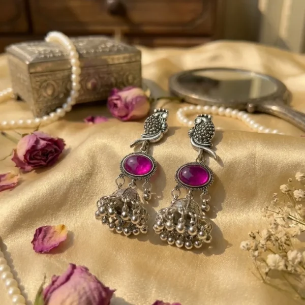 Colorful Indian jhumka earrings from Passionate Bangladesh, featuring silver-tone oxidized jhumkas with red, yellow, green and many more colors for women and girls.