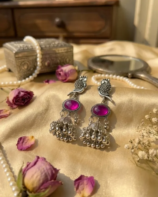 Colorful Indian jhumka earrings from Passionate Bangladesh, featuring silver-tone oxidized jhumkas with red, yellow, green and many more colors for women and girls.