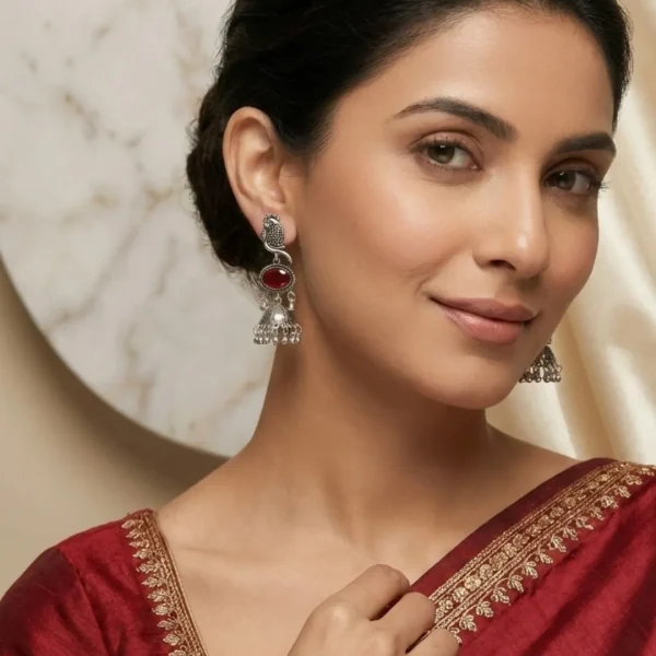 Colorful Indian jhumka earrings from Passionate Bangladesh, featuring silver-tone oxidized jhumkas with red, yellow, green and many more colors for women and girls.