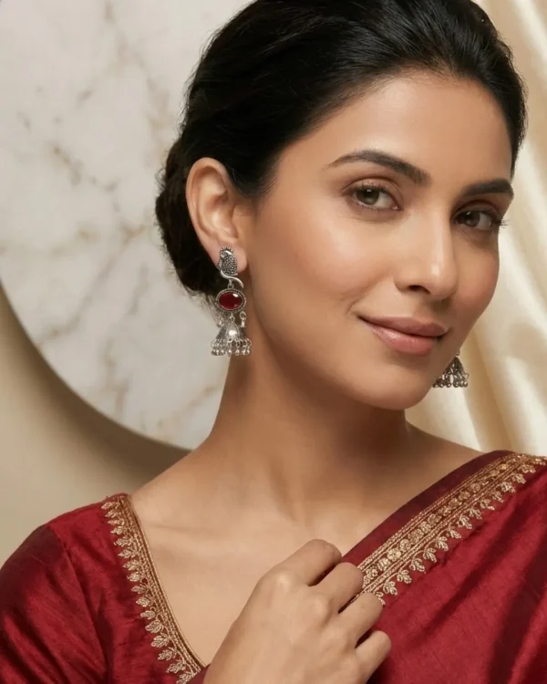 Colorful Indian jhumka earrings from Passionate Bangladesh, featuring silver-tone oxidized jhumkas with red, yellow, green and many more colors for women and girls.