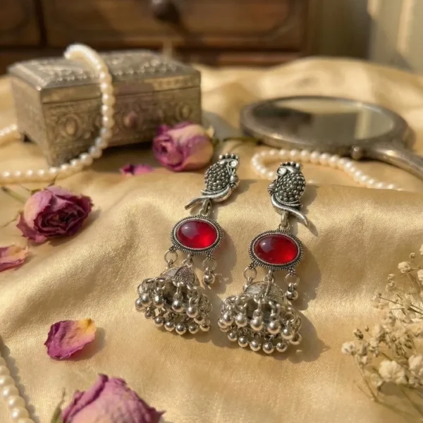 Colorful Indian jhumka earrings from Passionate Bangladesh, featuring silver-tone oxidized jhumkas with red, yellow, green and many more colors for women and girls.