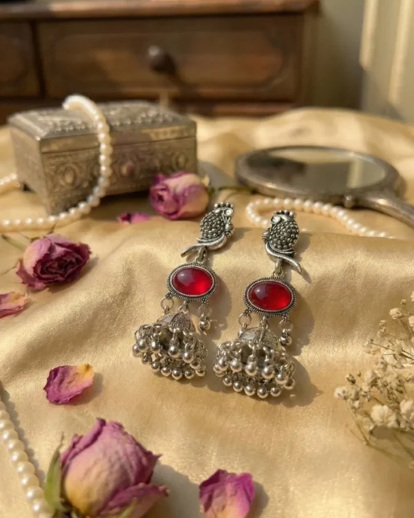 Colorful Indian jhumka earrings from Passionate Bangladesh, featuring silver-tone oxidized jhumkas with red, yellow, green and many more colors for women and girls.