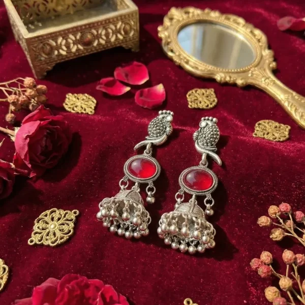 Colorful Indian jhumka earrings from Passionate Bangladesh, featuring silver-tone oxidized jhumkas with red, yellow, green and many more colors for women and girls.