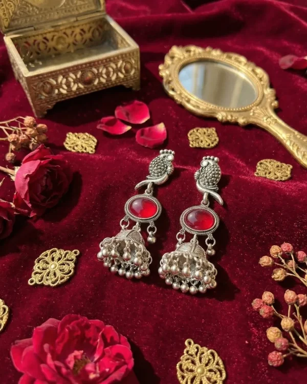 Colorful Indian jhumka earrings from Passionate Bangladesh, featuring silver-tone oxidized jhumkas with red, yellow, green and many more colors for women and girls.