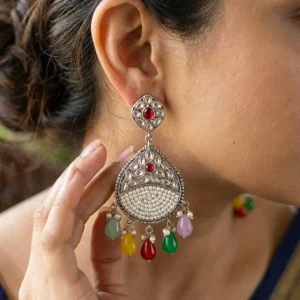 Colorful Indian jhumka earrings from Passionate Bangladesh, featuring silver-tone oxidized jhumkas with red, yellow, green and many more colors for women and girls.