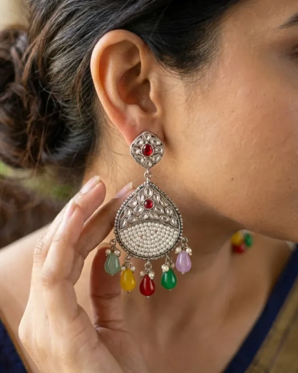 Colorful Indian jhumka earrings from Passionate Bangladesh, featuring silver-tone oxidized jhumkas with red, yellow, green and many more colors for women and girls.