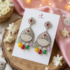 Colorful Indian jhumka earrings from Passionate Bangladesh, featuring silver-tone oxidized jhumkas with red, yellow, green and many more colors for women and girls.
