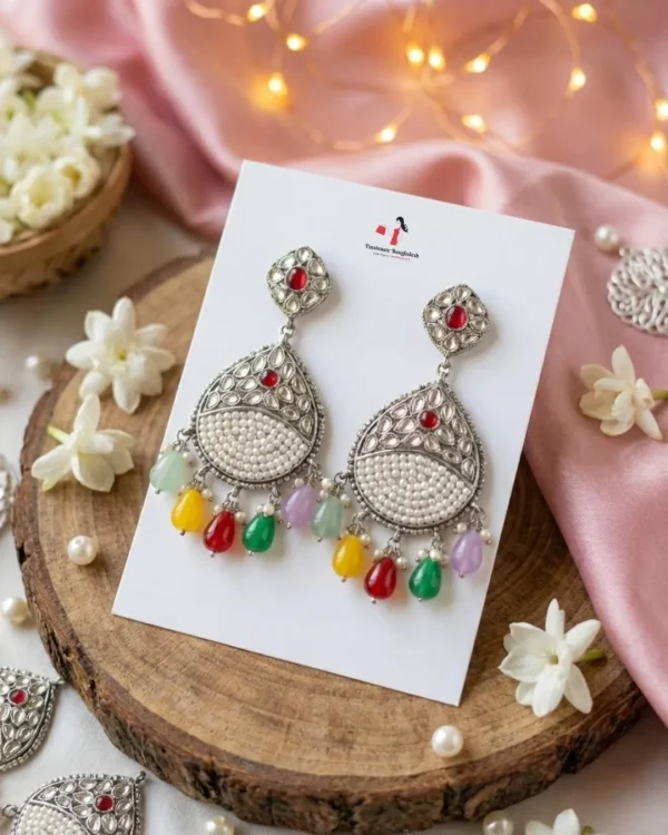 Colorful Indian jhumka earrings from Passionate Bangladesh, featuring silver-tone oxidized jhumkas with red, yellow, green and many more colors for women and girls.