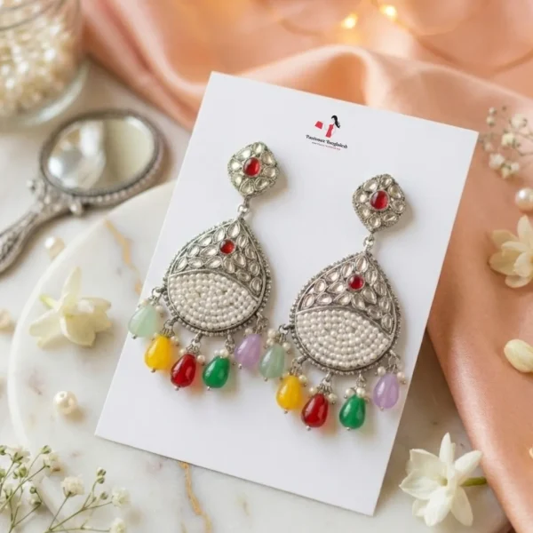 Colorful Indian jhumka earrings from Passionate Bangladesh, featuring silver-tone oxidized jhumkas with red, yellow, green and many more colors for women and girls.