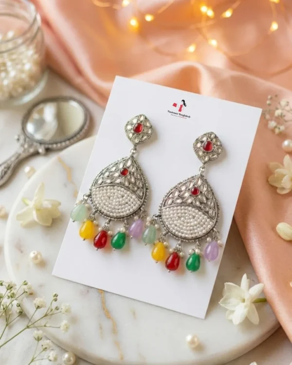 Colorful Indian jhumka earrings from Passionate Bangladesh, featuring silver-tone oxidized jhumkas with red, yellow, green and many more colors for women and girls.
