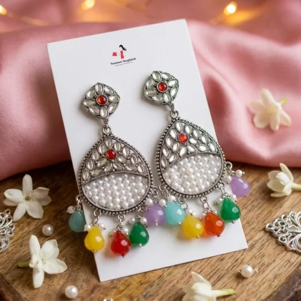 Colorful Indian jhumka earrings from Passionate Bangladesh, featuring silver-tone oxidized jhumkas with red, yellow, green and many more colors for women and girls.