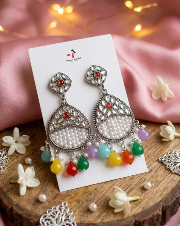 Colorful Indian jhumka earrings from Passionate Bangladesh, featuring silver-tone oxidized jhumkas with red, yellow, green and many more colors for women and girls.