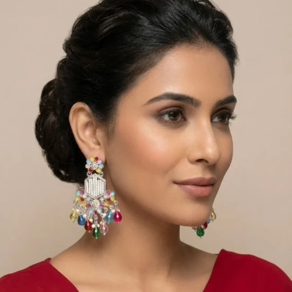Colorful Indian jhumka earrings from Passionate Bangladesh, featuring silver-tone oxidized jhumkas with red, yellow, green and many more colors for women and girls.