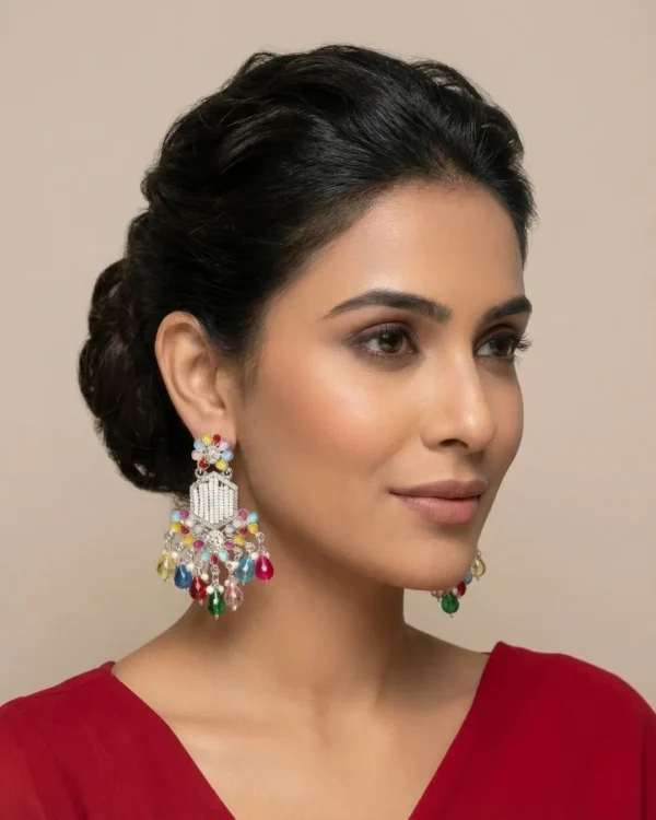 Colorful Indian jhumka earrings from Passionate Bangladesh, featuring silver-tone oxidized jhumkas with red, yellow, green and many more colors for women and girls.