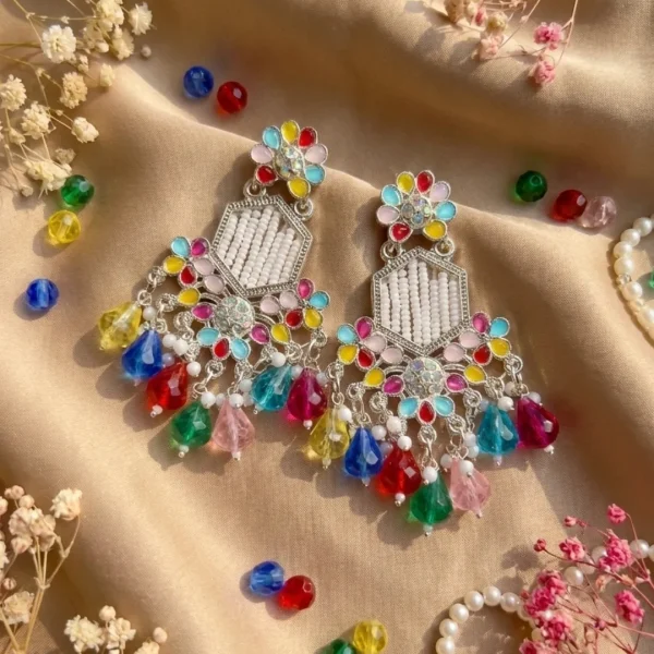 Colorful Indian jhumka earrings from Passionate Bangladesh, featuring silver-tone oxidized jhumkas with red, yellow, green and many more colors for women and girls.