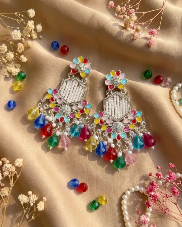 Colorful Indian jhumka earrings from Passionate Bangladesh, featuring silver-tone oxidized jhumkas with red, yellow, green and many more colors for women and girls.