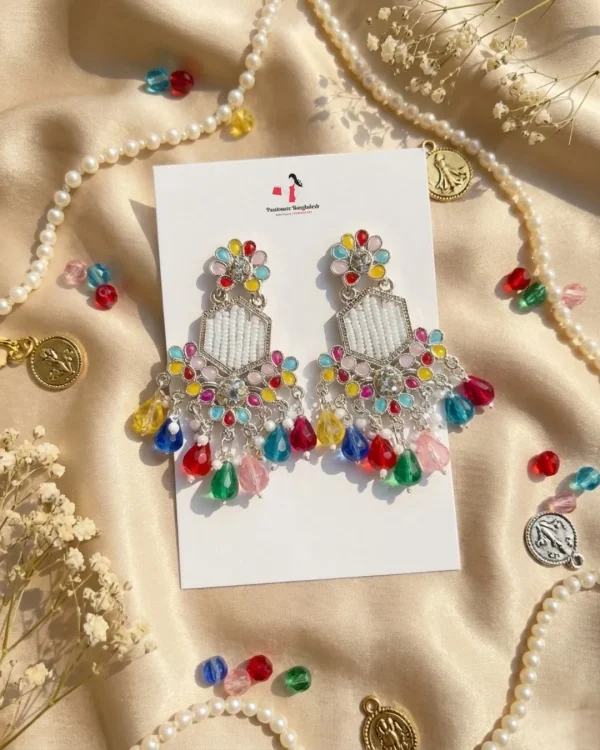 Colorful Indian jhumka earrings from Passionate Bangladesh, featuring silver-tone oxidized jhumkas with red, yellow, green and many more colors for women and girls.