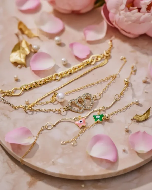 Shop aesthetic gold bracelet sets with pearls, charms & crystals. Perfect for daily wear, gifting & layering. Lightweight, trendy & premium quality. Order now from Passionate Bangladesh.