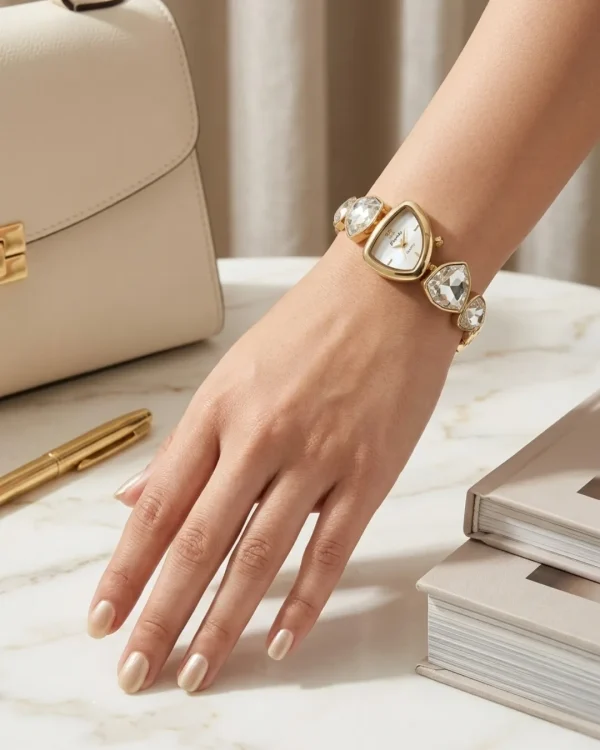 Shop crystal water/white colored stone golden wrist watch for women. Elegant, lightweight, and stylish design perfect for daily wear, office, and parties. Limited Stocks !! https://passionatebangladesh.com/product-category/accessories/