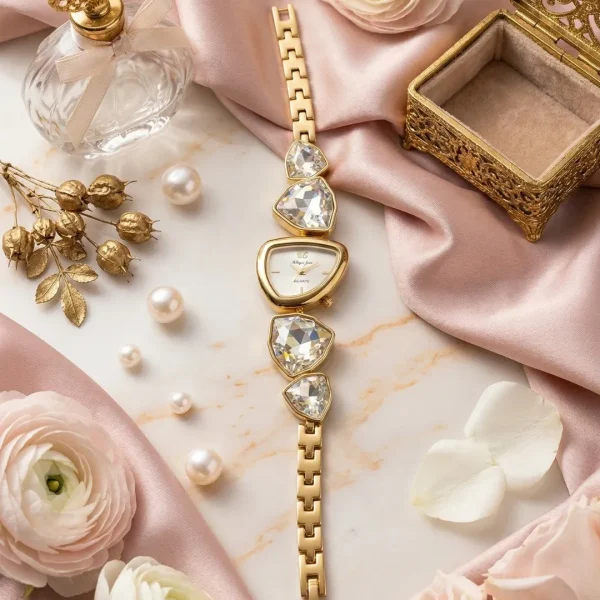 Shop crystal water/white colored stone golden wrist watch for women. Elegant, lightweight, and stylish design perfect for daily wear, office, and parties. Limited Stocks !! https://passionatebangladesh.com/product-category/accessories/