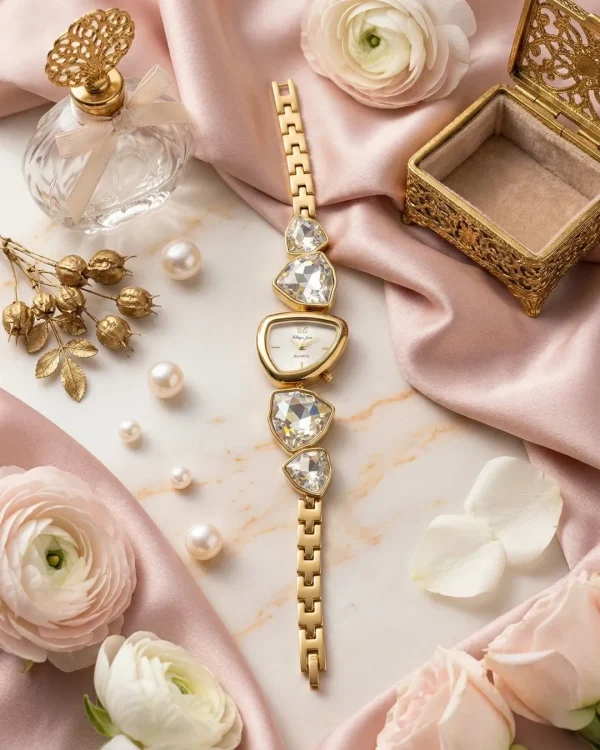 Shop crystal water/white colored stone golden wrist watch for women. Elegant, lightweight, and stylish design perfect for daily wear, office, and parties. Limited Stocks !! https://passionatebangladesh.com/product-category/accessories/