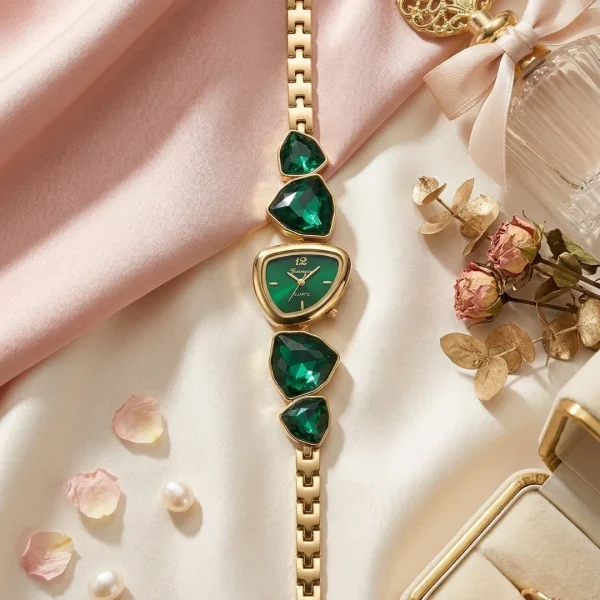 Shop green emerald color stone golden wrist watch for women. Elegant, lightweight, and stylish design perfect for daily wear, office, and parties. Limited Stocks !! https://passionatebangladesh.com/product-category/accessories/