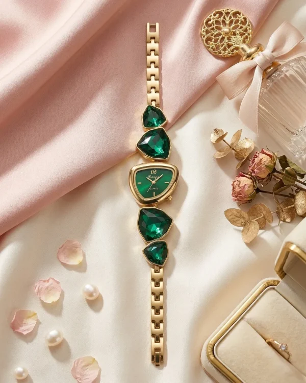 Shop green emerald color stone golden wrist watch for women. Elegant, lightweight, and stylish design perfect for daily wear, office, and parties. Limited Stocks !! https://passionatebangladesh.com/product-category/accessories/