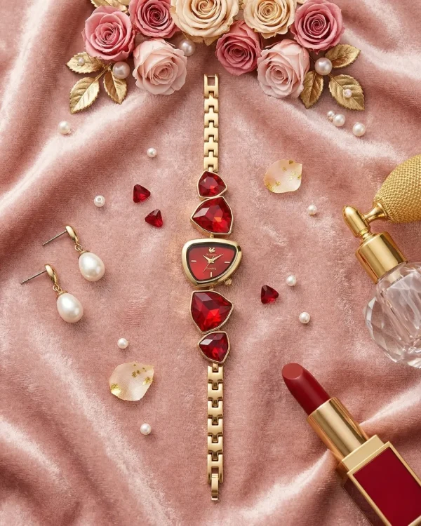 Shop golden ruby red stone dial slim wrist watch for women. Elegant, lightweight, and stylish design perfect for daily wear, office, and parties. Limited Stocks !! https://passionatebangladesh.com/product-category/accessories/