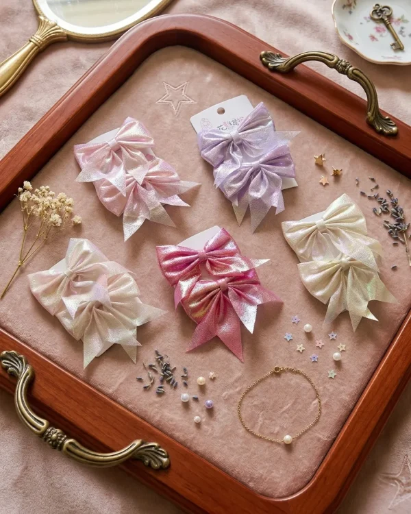 Cute hair accessories collection with multicolor bow clips, hair ribbons, hairbands and teddy bear or bunny hairbands for girls and kids from Passionate Bangladesh.