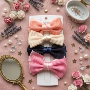 Cute hair accessories collection with multicolor bow clips, hair ribbons, hairbands and teddy bear or bunny hairbands for girls and kids from Passionate Bangladesh.