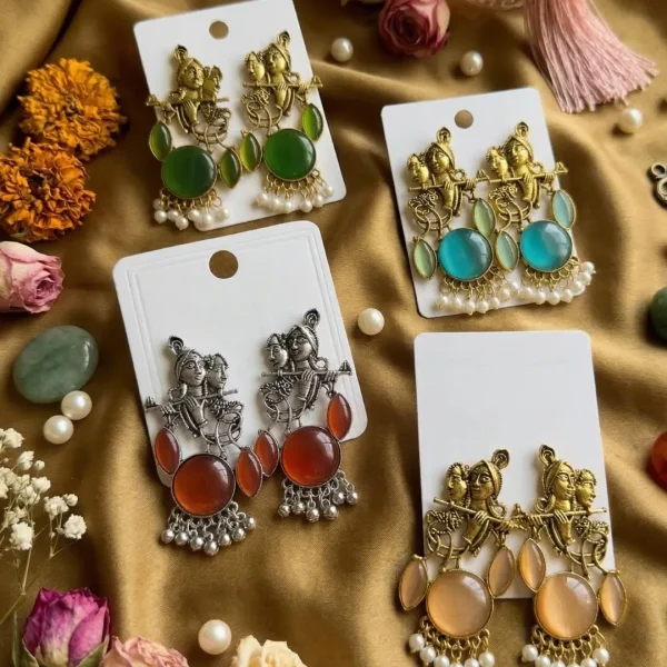 Colorful Indian jhumka earrings from Passionate Bangladesh, featuring silver-tone oxidized jhumkas with red, yellow, green and many more colors for women and girls.