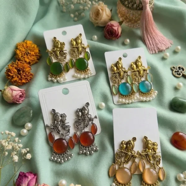 Colorful Indian jhumka earrings from Passionate Bangladesh, featuring silver-tone oxidized jhumkas with red, yellow, green and many more colors for women and girls.