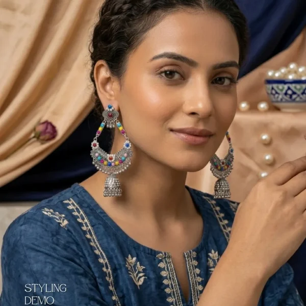 Traditional oxidized-style jhumka earrings with red, yellow and blue stones, perfect for saree, salwar and festive party looks from Passionate Bangladesh. Shop now at www.passionatebangladesh.com