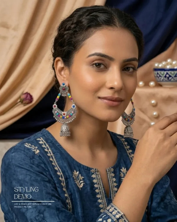 Traditional oxidized-style jhumka earrings with red, yellow and blue stones, perfect for saree, salwar and festive party looks from Passionate Bangladesh. Shop now at www.passionatebangladesh.com