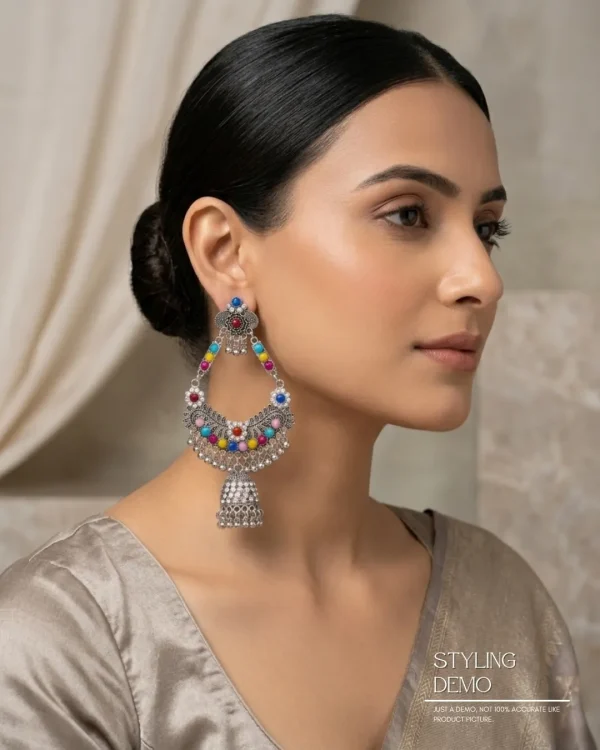 Traditional oxidized-style jhumka earrings with red, yellow and blue stones, perfect for saree, salwar and festive party looks from Passionate Bangladesh. Shop now at www.passionatebangladesh.com