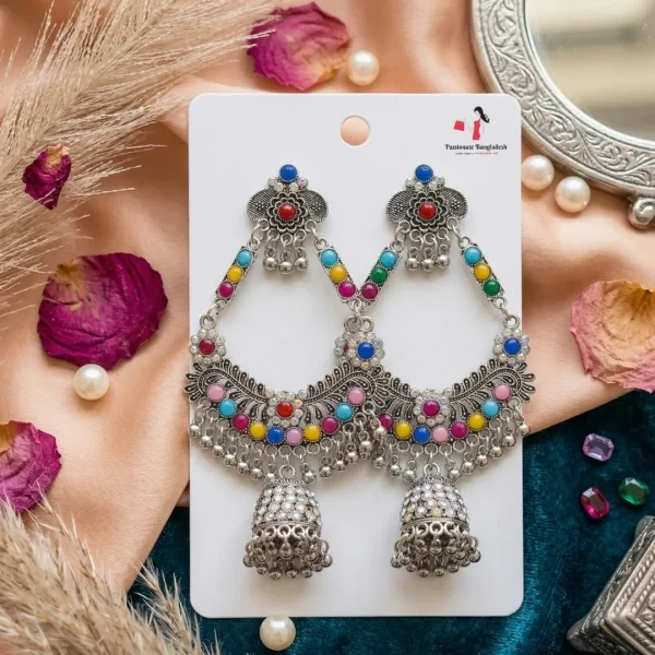 Traditional oxidized-style jhumka earrings with red, yellow and blue stones, perfect for saree, salwar and festive party looks from Passionate Bangladesh. Shop now at www.passionatebangladesh.com
