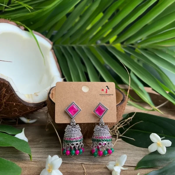 Traditional oxidized-style jhumka earrings with red, yellow and blue stones, perfect for saree, salwar and festive party looks from Passionate Bangladesh. Shop now at www.passionatebangladesh.com