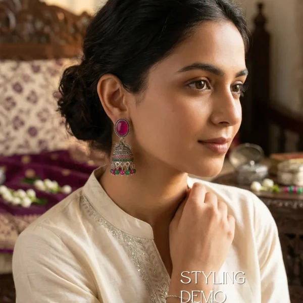 Traditional oxidized-style jhumka earrings with red, yellow and blue stones, perfect for saree, salwar and festive party looks from Passionate Bangladesh. Shop now at www.passionatebangladesh.com