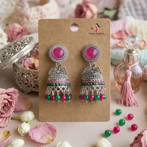 Traditional oxidized-style jhumka earrings with red, yellow and blue stones, perfect for saree, salwar and festive party looks from Passionate Bangladesh. Shop now at www.passionatebangladesh.com