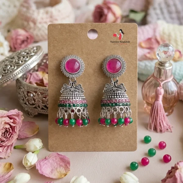 Traditional oxidized-style jhumka earrings with red, yellow and blue stones, perfect for saree, salwar and festive party looks from Passionate Bangladesh. Shop now at www.passionatebangladesh.com