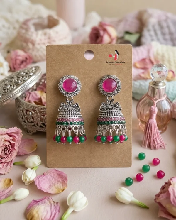 Traditional oxidized-style jhumka earrings with red, yellow and blue stones, perfect for saree, salwar and festive party looks from Passionate Bangladesh. Shop now at www.passionatebangladesh.com