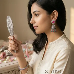 Traditional oxidized-style jhumka earrings with red, yellow and blue stones, perfect for saree, salwar and festive party looks from Passionate Bangladesh. Shop now at www.passionatebangladesh.com