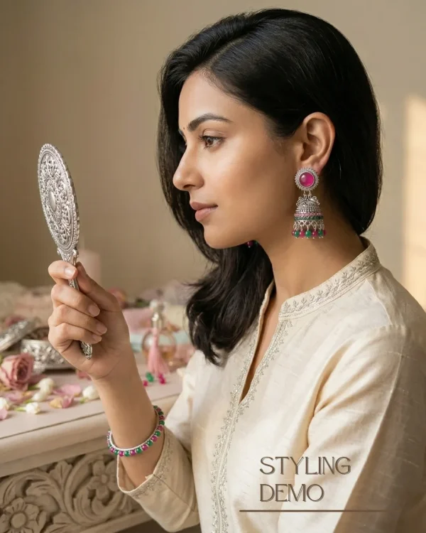 Traditional oxidized-style jhumka earrings with red, yellow and blue stones, perfect for saree, salwar and festive party looks from Passionate Bangladesh. Shop now at www.passionatebangladesh.com