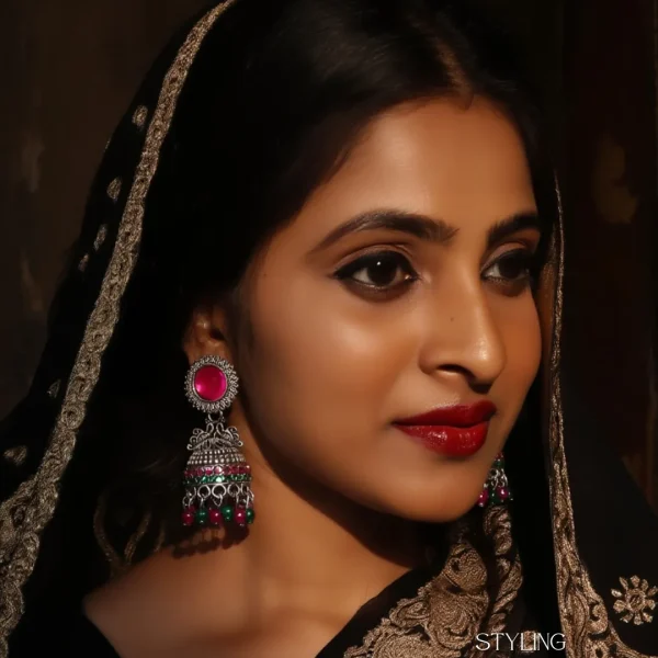 Traditional oxidized-style jhumka earrings with red, yellow and blue stones, perfect for saree, salwar and festive party looks from Passionate Bangladesh. Shop now at www.passionatebangladesh.com