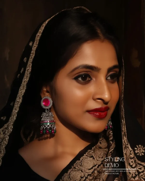 Traditional oxidized-style jhumka earrings with red, yellow and blue stones, perfect for saree, salwar and festive party looks from Passionate Bangladesh. Shop now at www.passionatebangladesh.com